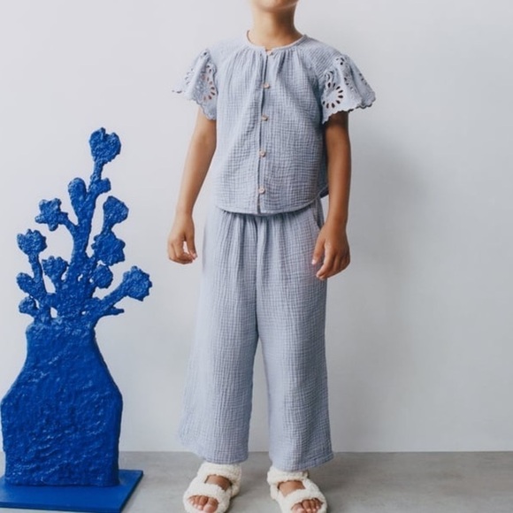 zara girl lace trimmed textured shirt pant set lavender 18/24m
